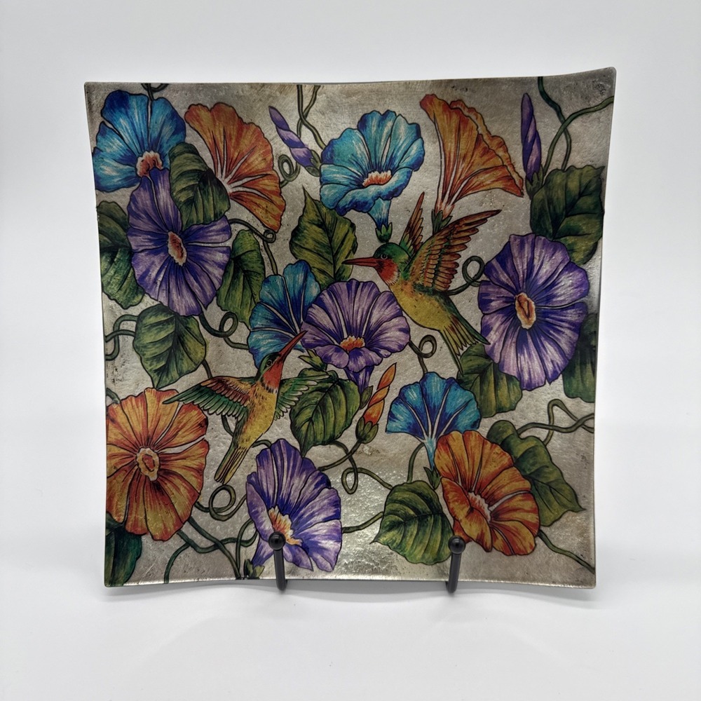 Angelstar Cozenza Frame Plate Fused Glass Multicolor Hummingbirds 8"